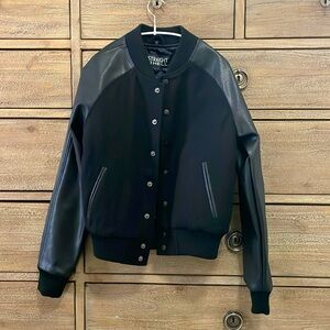 Straight to hell volume wool and vegan leather button up bomber jacket NWOT